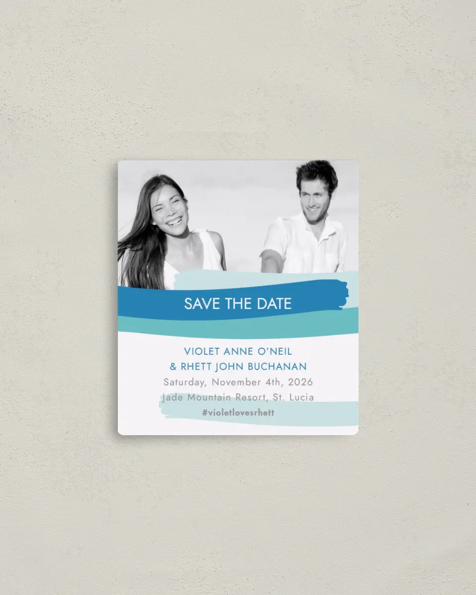 This is a 3½" x 4" Save the Date Magnet called Making Waves printed in full color with a Luxe Satin finish
