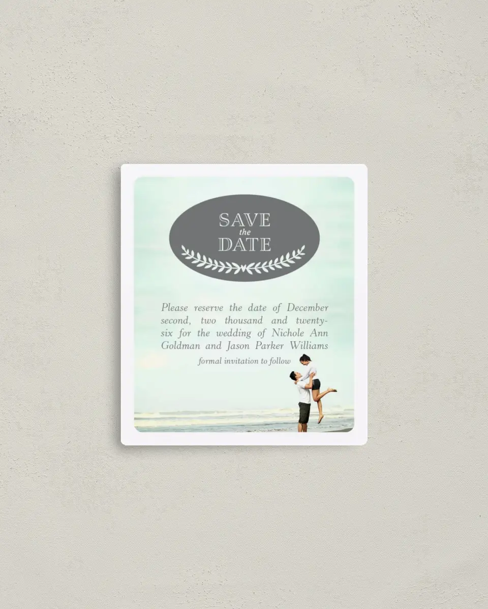 This is a 3½" x 4" Save the Date Magnet called Modern Fairytale printed in full color with a Luxe Satin finish