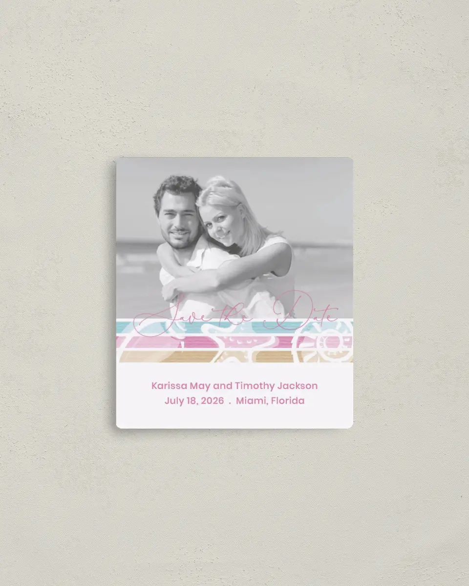 This is a 3½" x 4" Save the Date Magnet called Salty Kisses printed in full color with a Luxe Satin finish