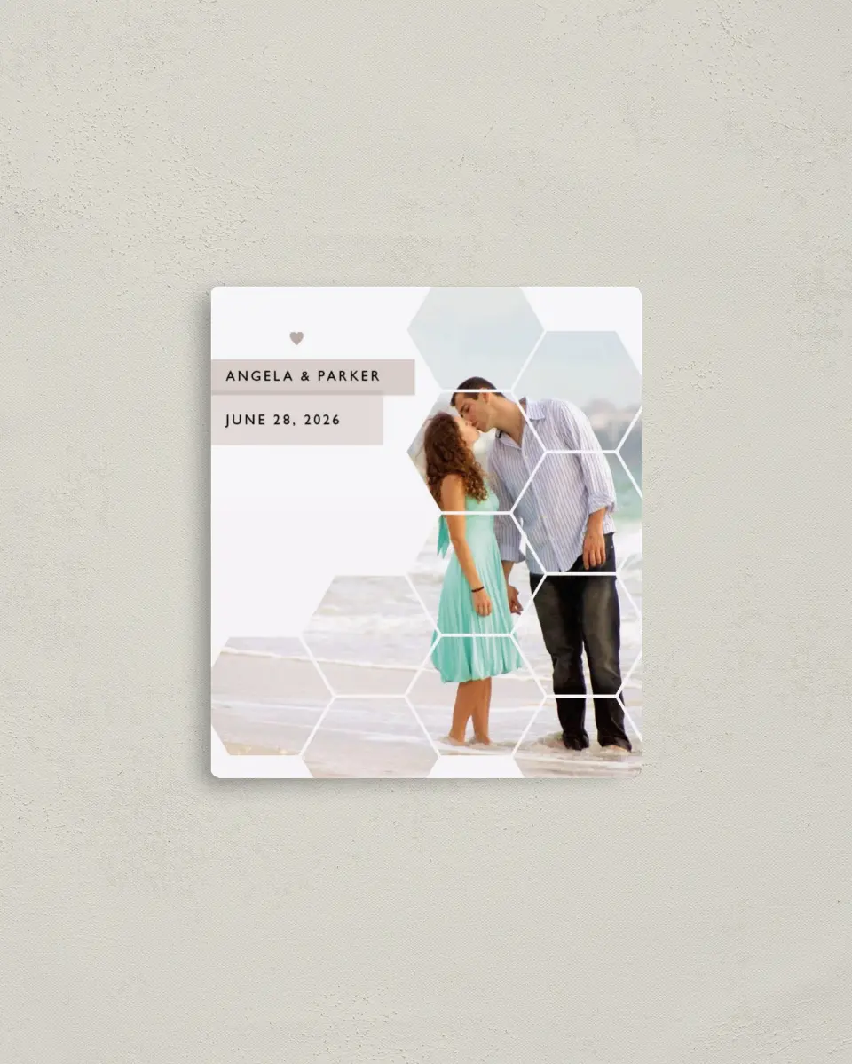 This is a 3½" x 4" Save the Date Magnet called Honeycomb Sweetness printed in full color with a Luxe Satin finish