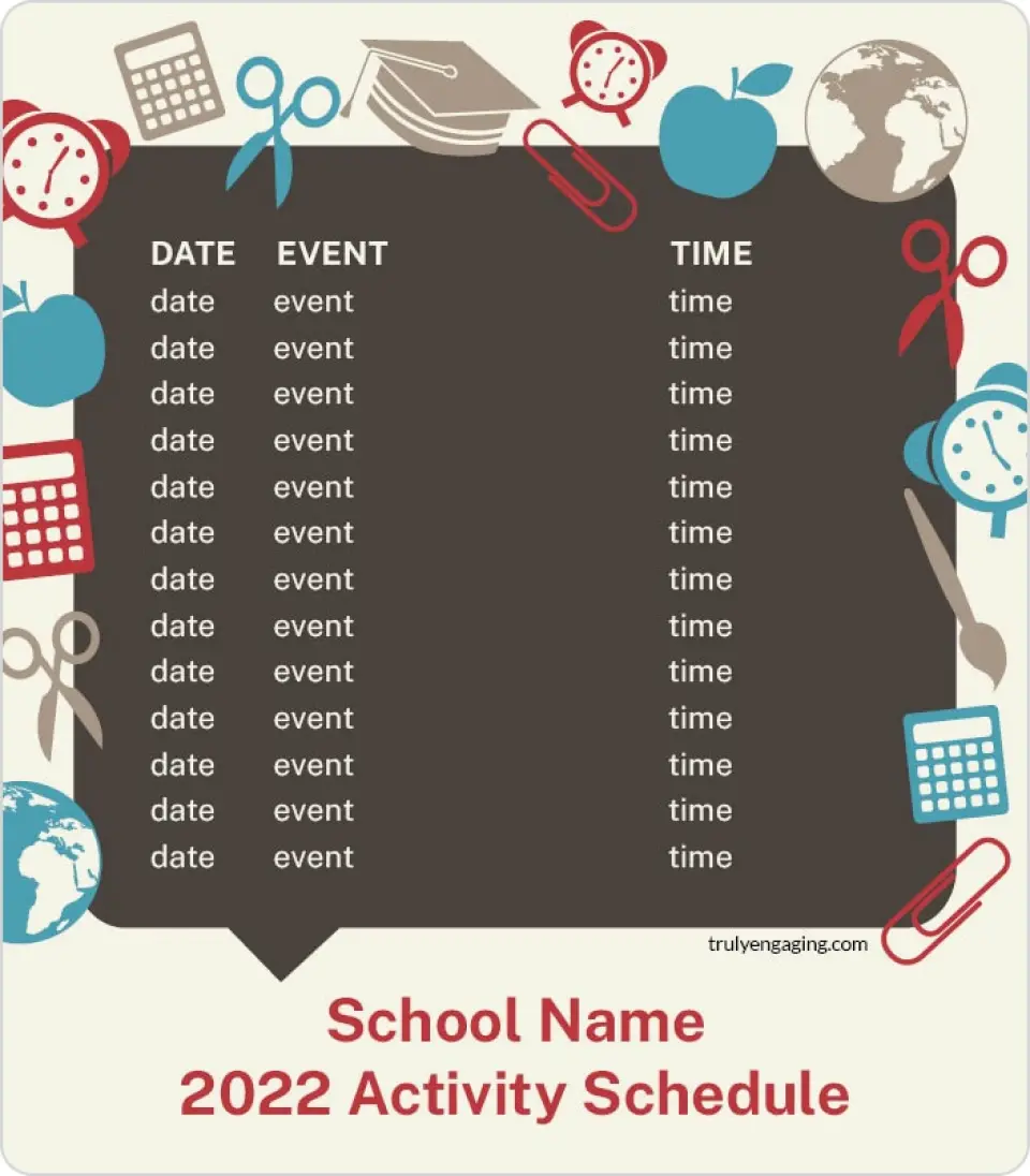 This is a 3½" x 4" School Activity Magnet called Activity Schedule printed in full color
