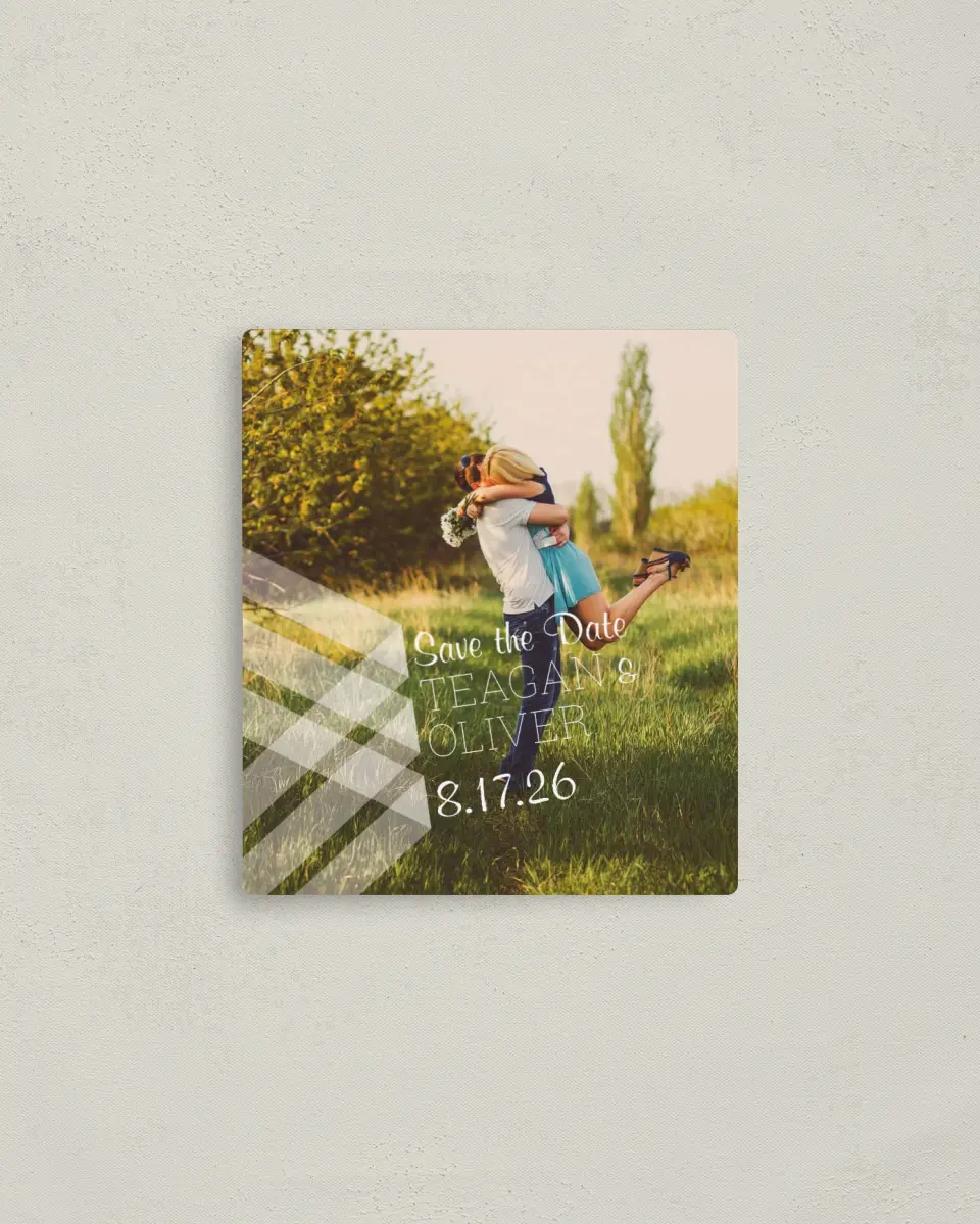 This is a 3½" x 4" Save the Date Magnet called Geometric Fling printed in full color with a Luxe Satin finish