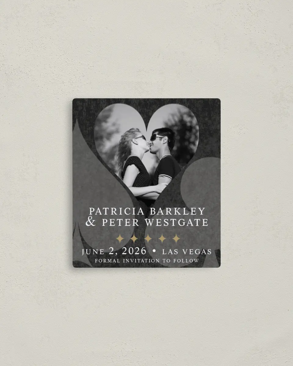 This is a 3½" x 4" Save the Date Magnet called Vegas Luxe printed in full color with a Luxe Satin finish