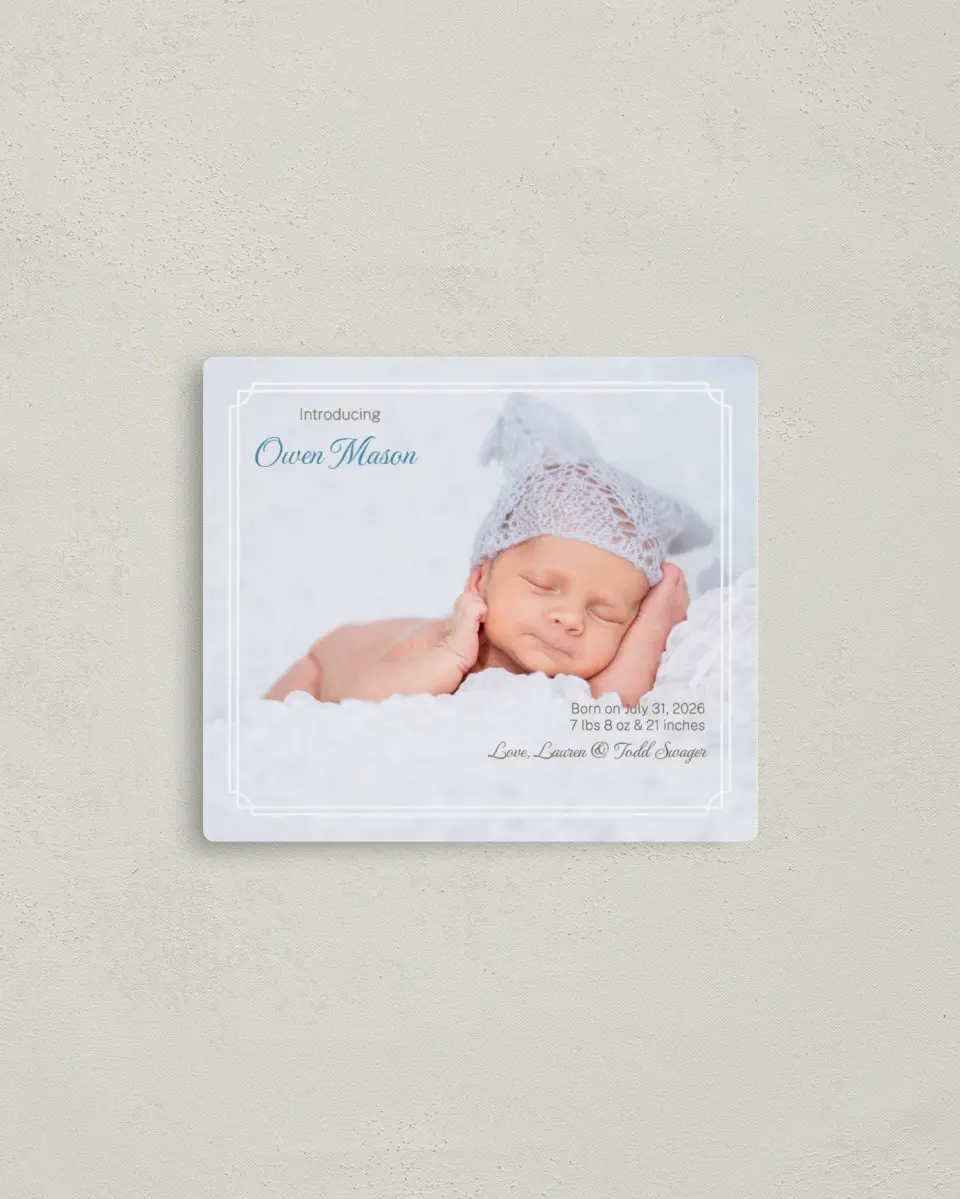 This is a 3½" x 4" Birth Announcement Magnet called Darling Introduction printed in full color with a Luxe Satin finish