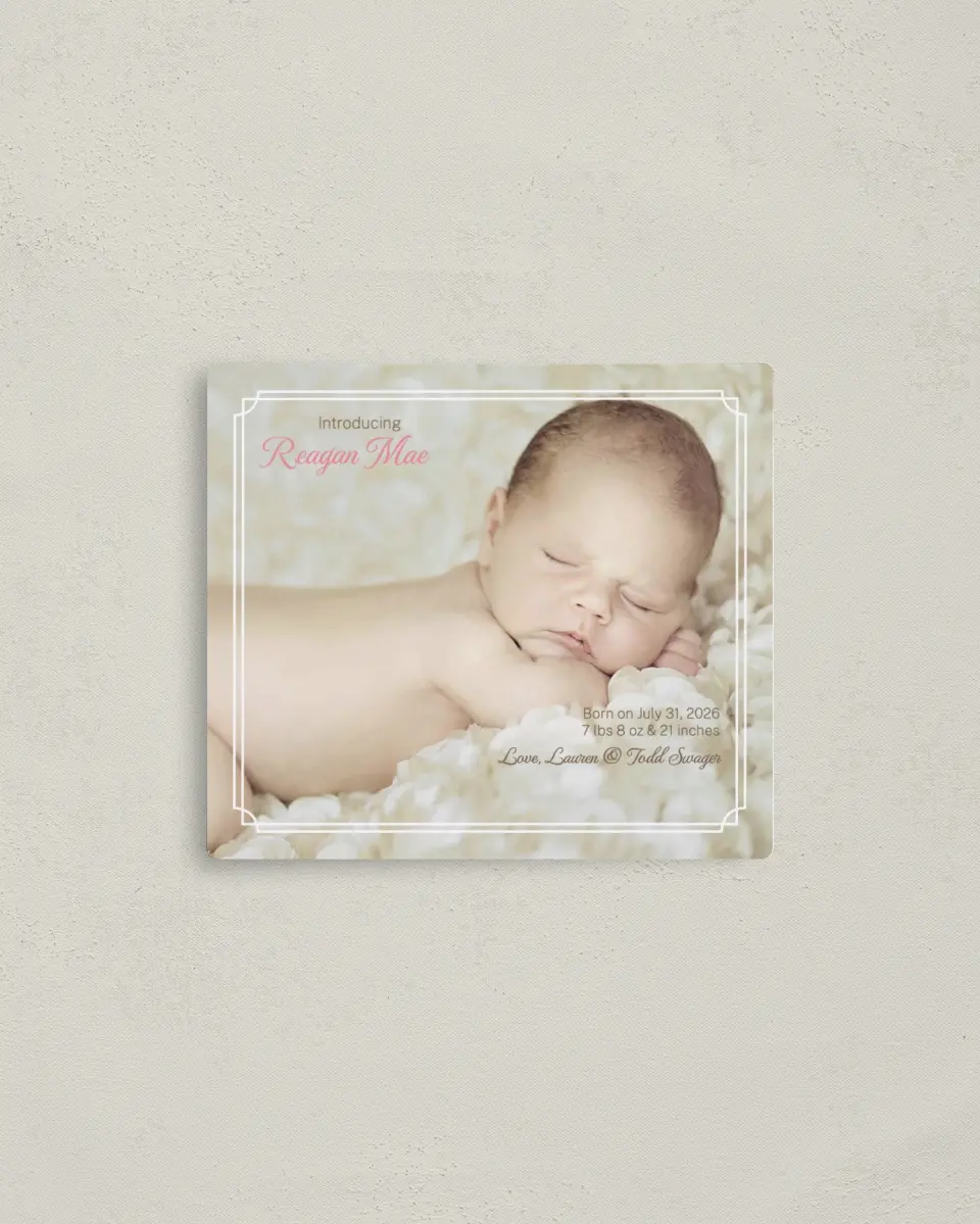 This is a 3½" x 4" Birth Announcement Magnet called Darling Introduction printed in full color with a Luxe Satin finish