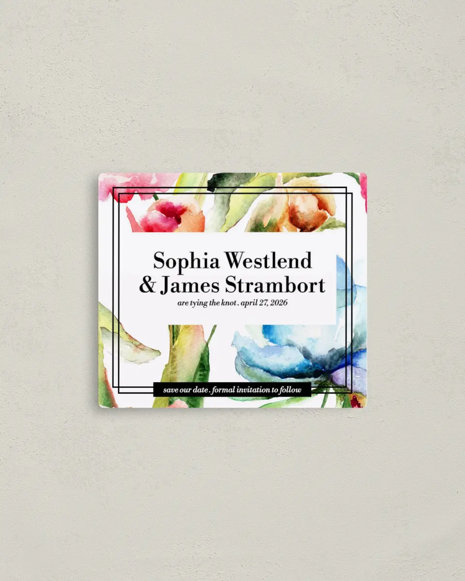 This is a 3½" x 4" Save the Date Magnet called Floral Watercolor printed in full color with a Luxe Satin finish