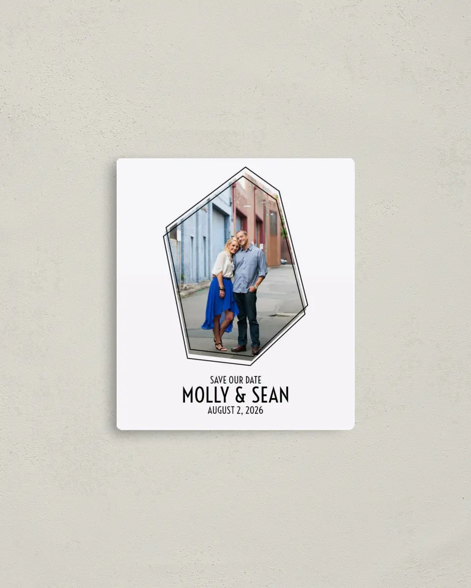 This is a 3½" x 4" Save the Date Magnet called Modern Geo printed in full color with a Luxe Satin finish