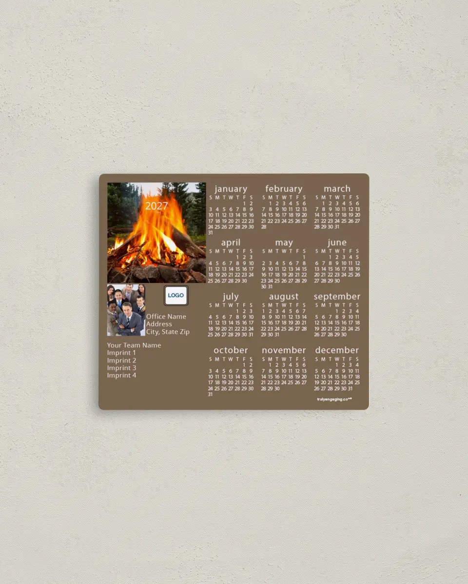This is a 3½" x 4" Full Magnet Calendar called Cozy Campfire printed in full color with a Standard Gloss finish