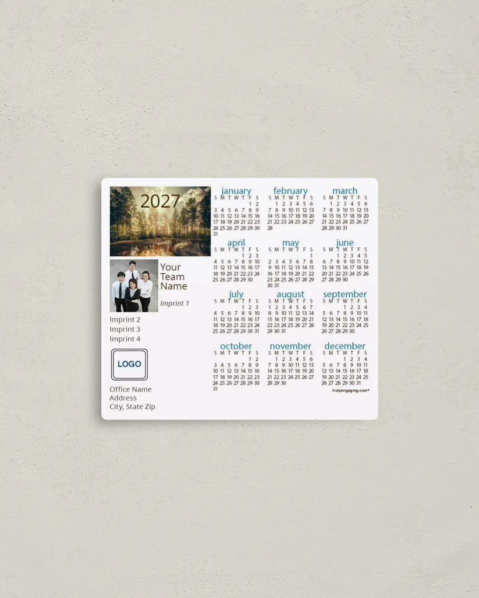 This is a 3½" x 4" Full Magnet Calendar called Lake Daybreak printed in full color with a Standard Gloss finish