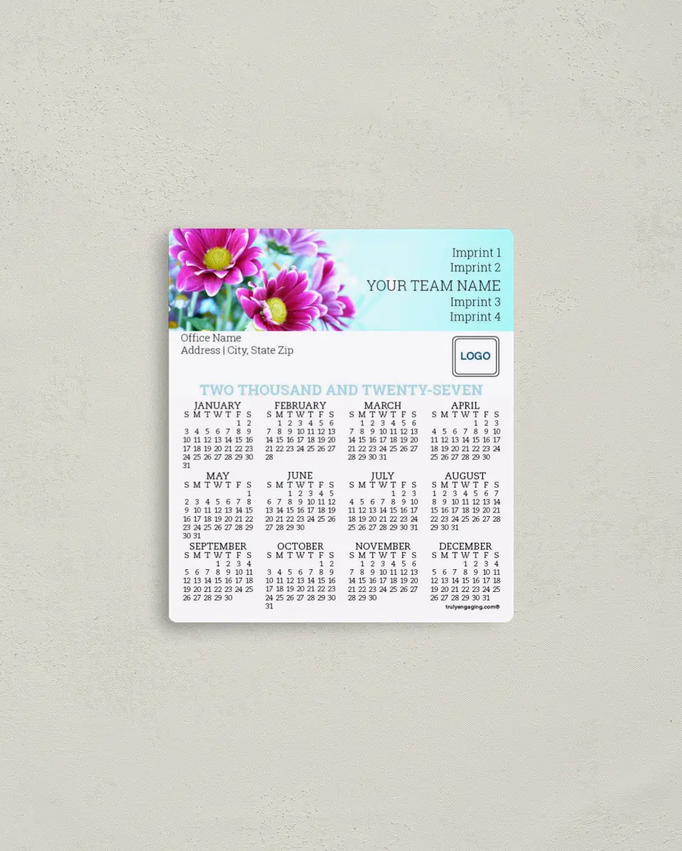 This is a 3½" x 4" Full Magnet Calendar called First Bloom printed in full color with a Standard Gloss finish