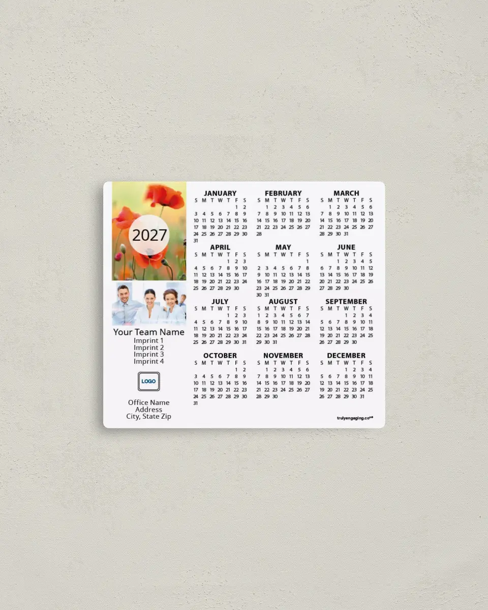 This is a 3½" x 4" Full Magnet Calendar called Poppy Morning printed in full color with a Standard Gloss finish
