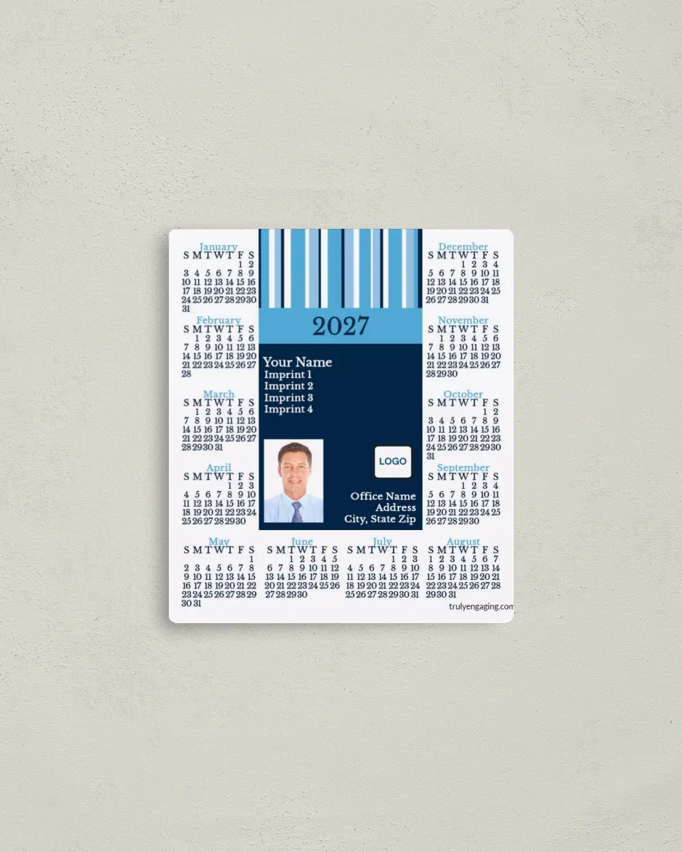 This is a 3½" x 4" Full Magnet Calendar called Savvy Stripes printed in full color with a Standard Gloss finish