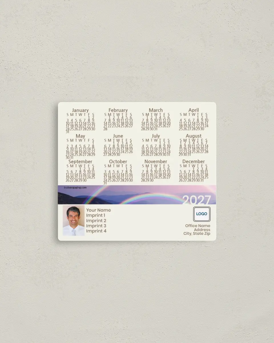 This is a 3½" x 4" Full Magnet Calendar called Abiding Rainbow printed in full color with a Standard Gloss finish