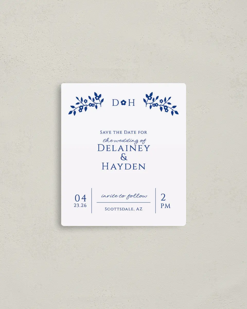 This is a 3½" x 4" Save the Date Magnet called Secret Garden printed in full color with a Luxe Satin finish