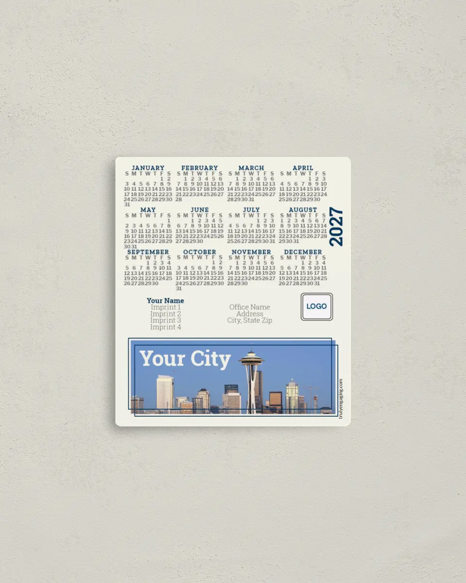 This is a 3½" x 4" Full Magnet Calendar called Modern Metro printed in full color with a Standard Gloss finish