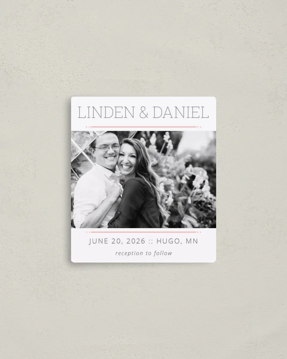This is a 3½" x 4" Save the Date Magnet called Sweetly Charmed printed in full color with a Luxe Satin finish