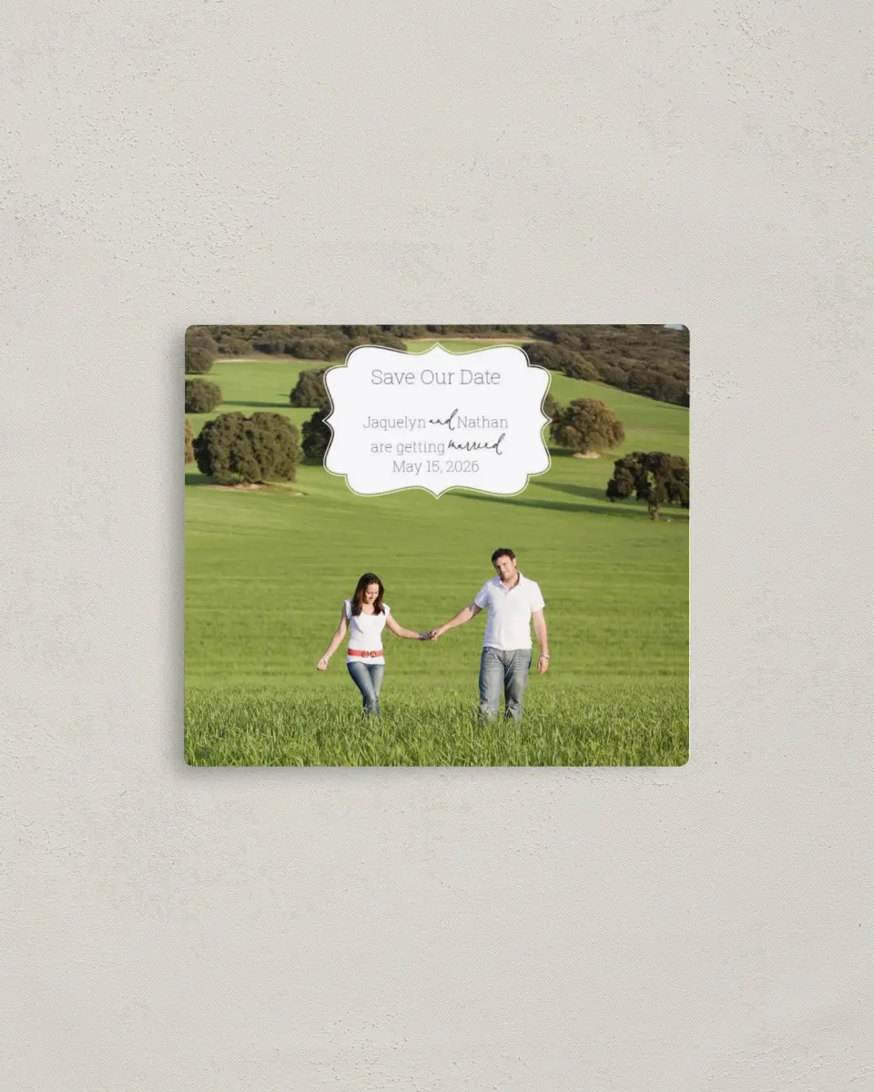 This is a 3½" x 4" Save the Date Magnet called Promise to Love printed in full color with a Luxe Satin finish