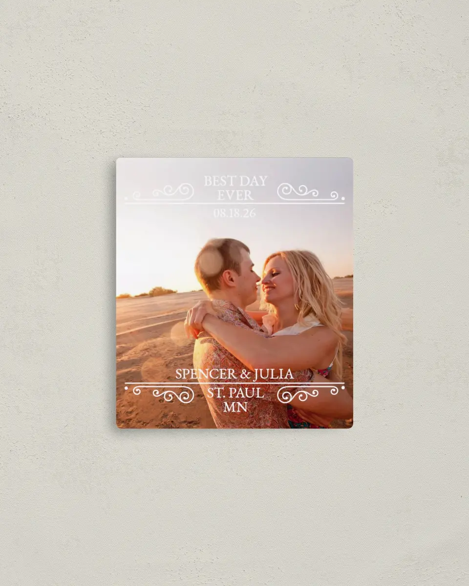 This is a 3½" x 4" Save the Date Magnet called Best Day Ever printed in full color with a Luxe Satin finish