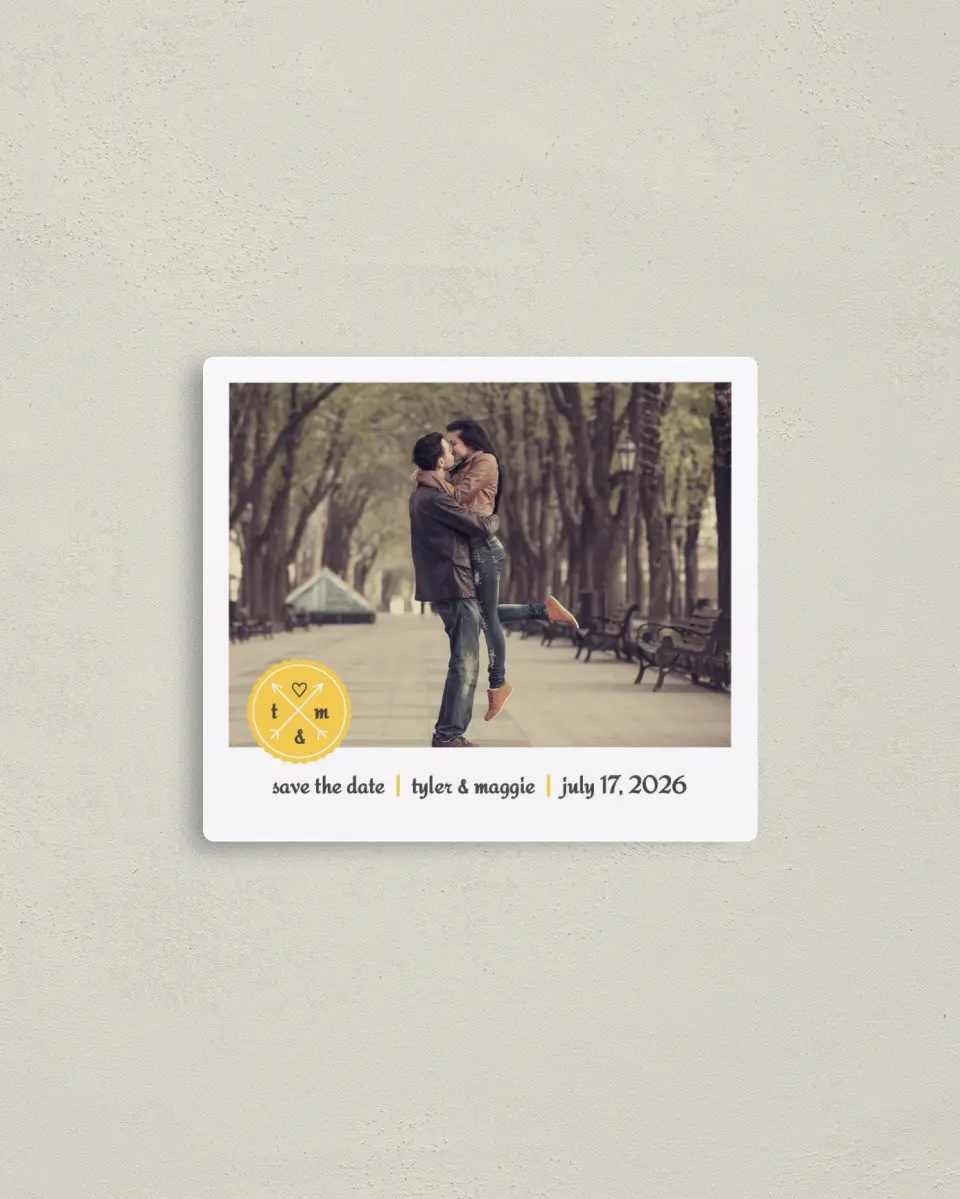 This is a 3½" x 4" Save the Date Magnet called Love Compass printed in full color with a Luxe Satin finish