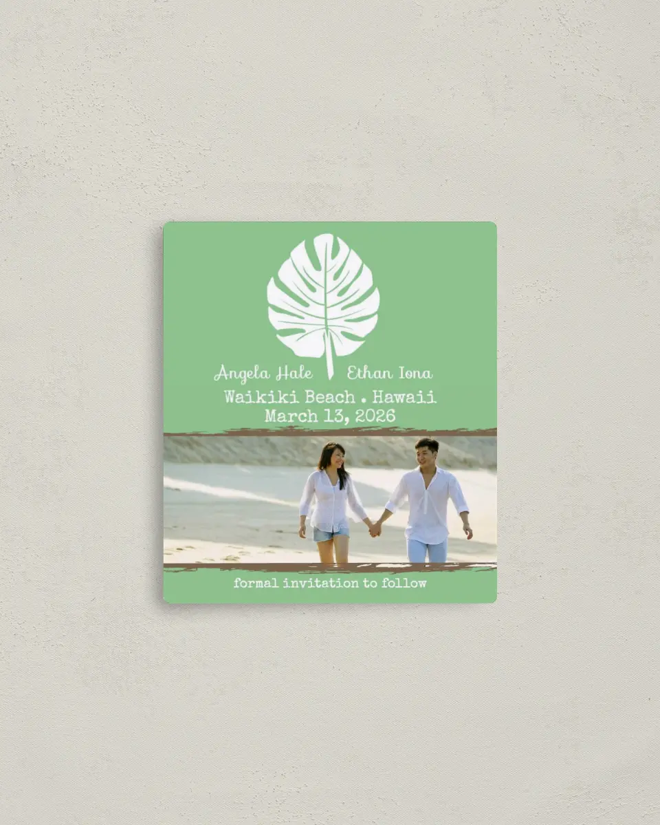 This is a 3½" x 4" Save the Date Magnet called Palms in Paradise printed in full color with a Luxe Satin finish
