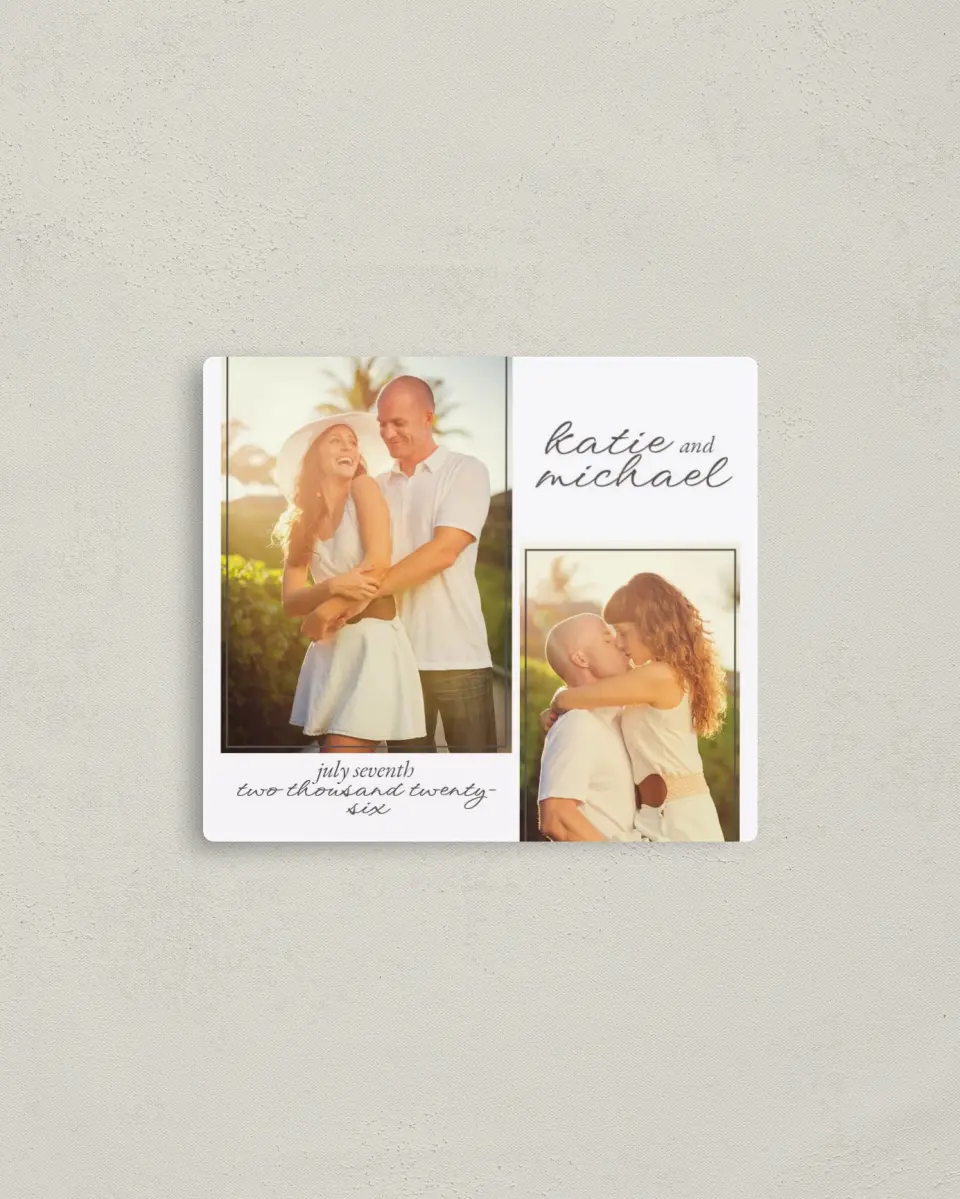 This is a 3½" x 4" Save the Date Magnet called Vintage Affair printed in full color with a Luxe Satin finish