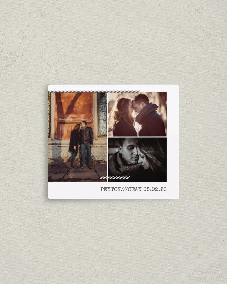This is a 3½" x 4" Save the Date Magnet called Urban Romance printed in full color with a Luxe Satin finish