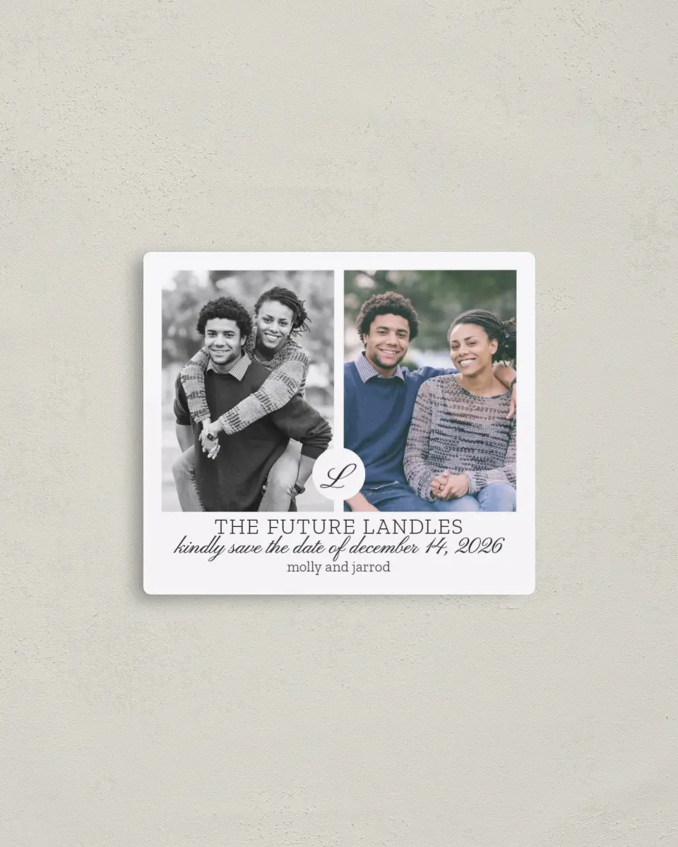 This is a 3½" x 4" Save the Date Magnet called Side By Side printed in full color with a Luxe Satin finish
