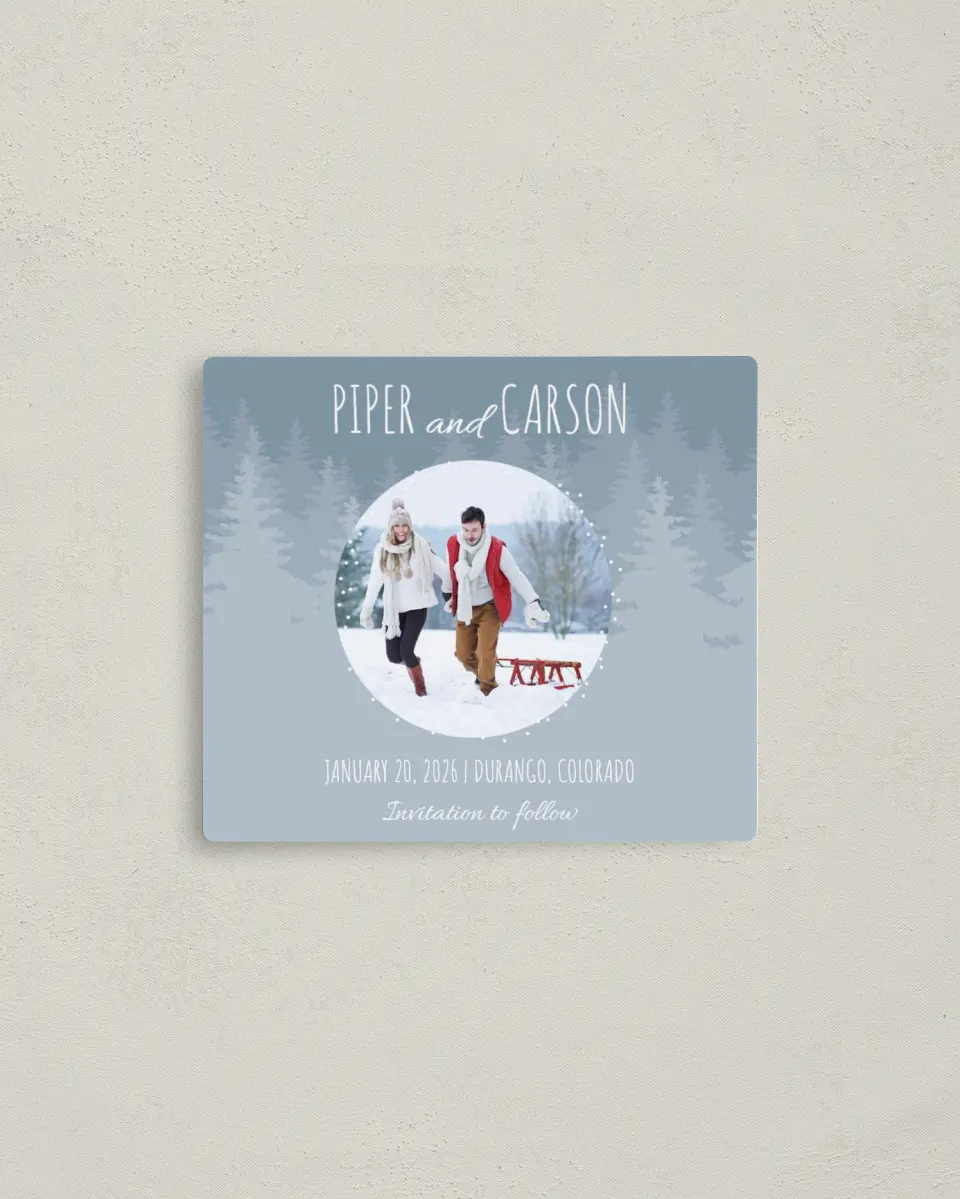 This is a 3½" x 4" Save the Date Magnet called Woodland Wishes printed in full color with a Luxe Satin finish