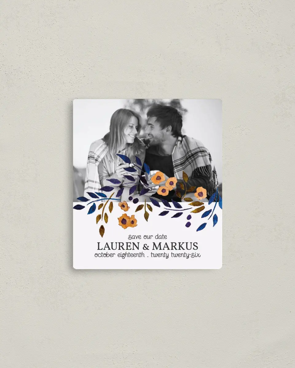 This is a 3½" x 4" Save the Date Magnet called Perfectly Plaid printed in full color with a Luxe Satin finish