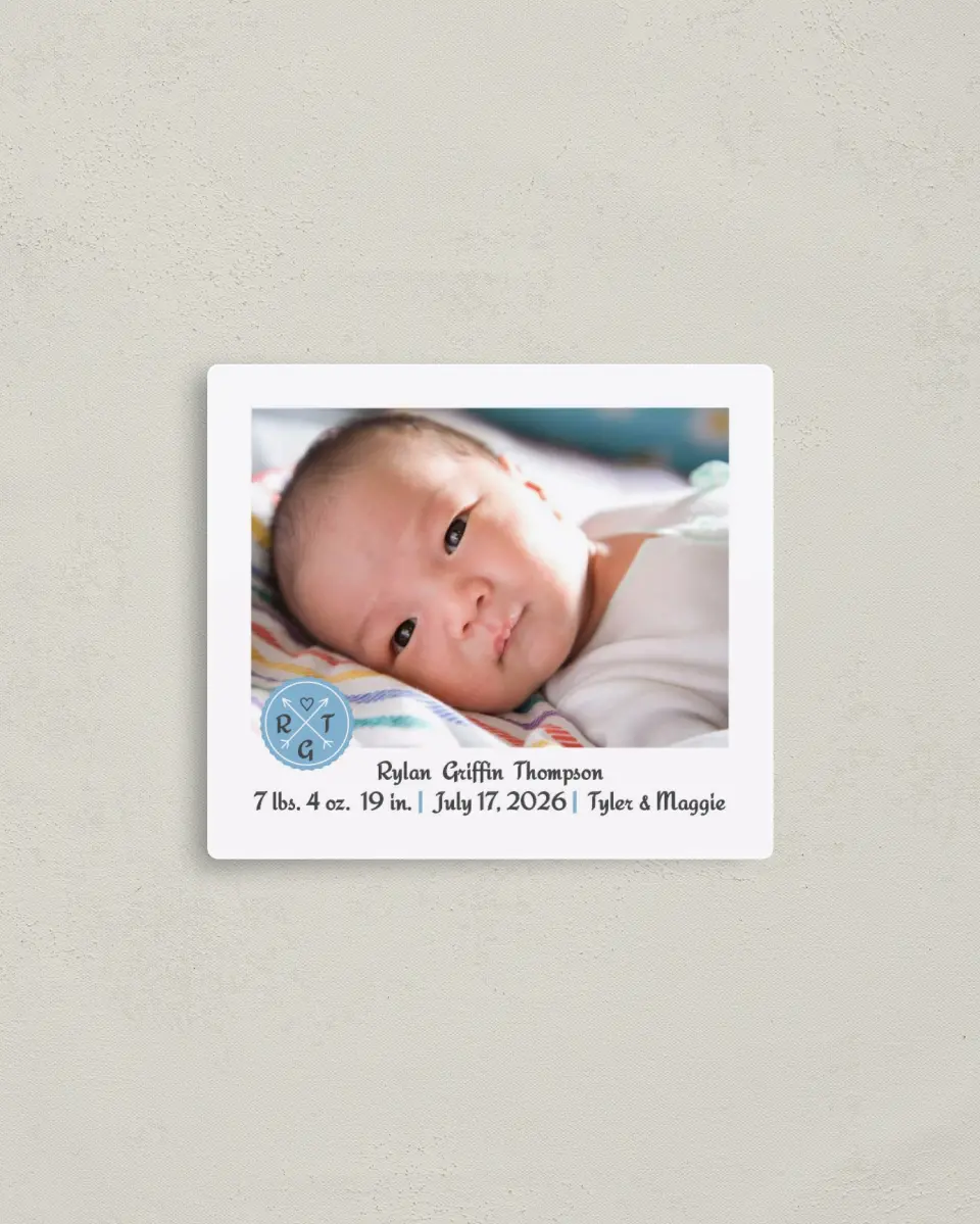 This is a 3½" x 4" Birth Announcement Magnet called Arrowed Charm printed in full color with a Luxe Satin finish