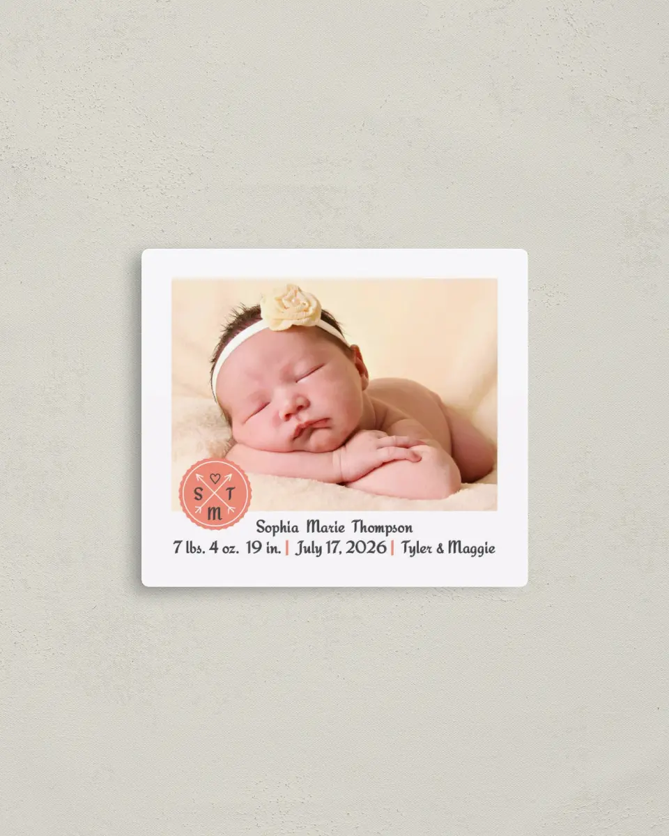 This is a 3½" x 4" Birth Announcement Magnet called Arrowed Charm printed in full color with a Luxe Satin finish