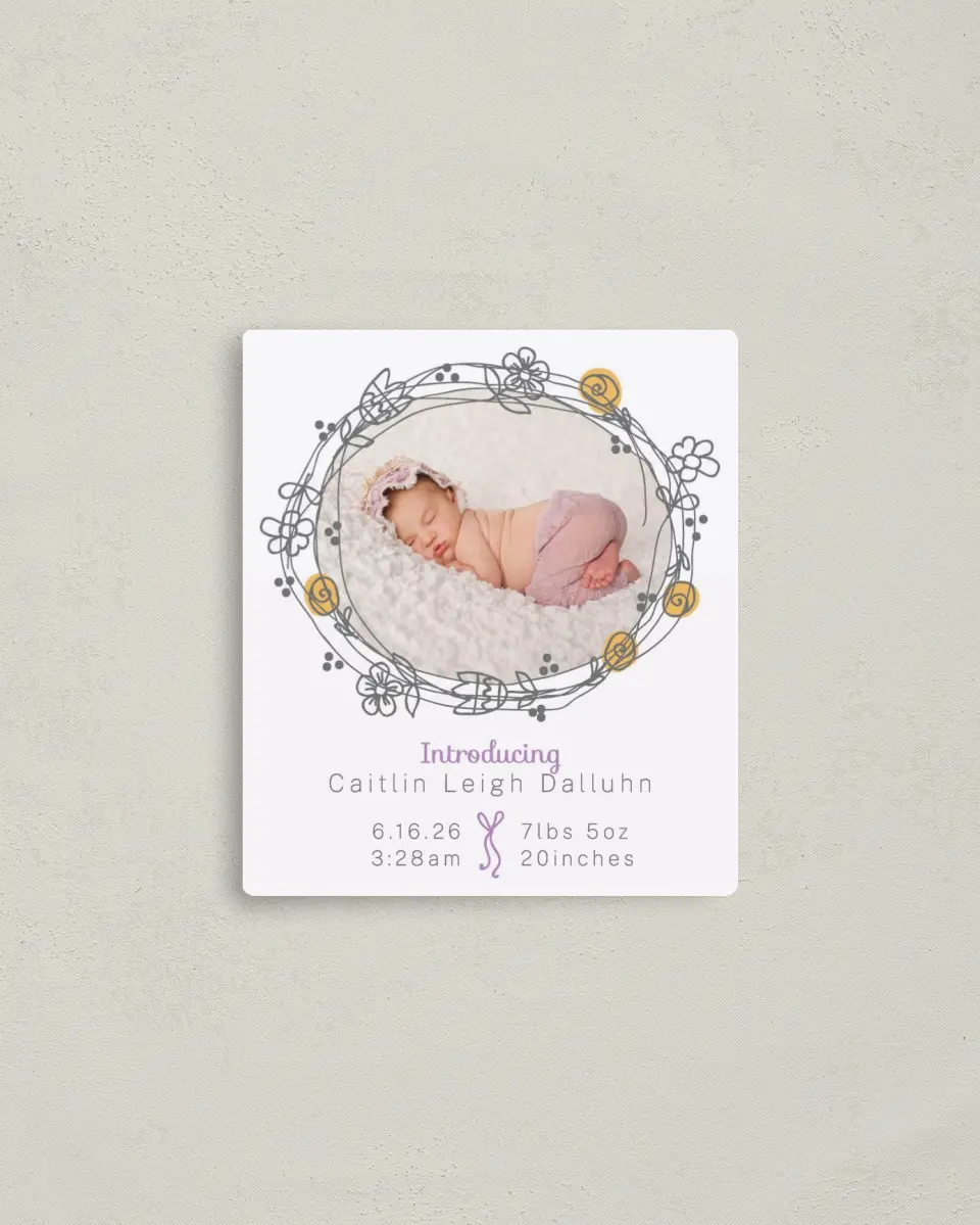 This is a 3½" x 4" Birth Announcement Magnet called Whimsical Wishes printed in full color with a Luxe Satin finish