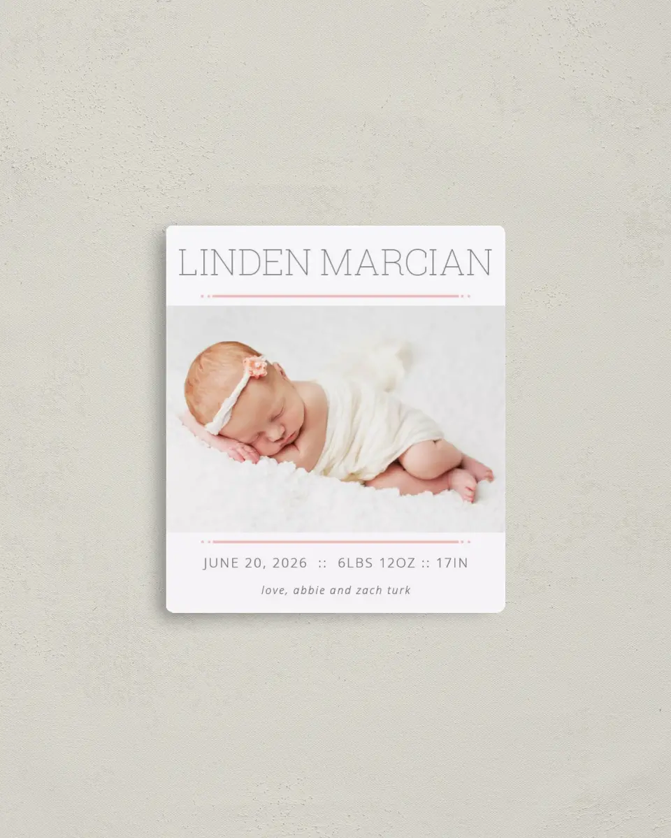 This is a 3½" x 4" Birth Announcement Magnet called Sweet Little Love printed in full color with a Luxe Satin finish