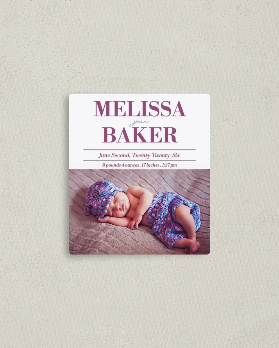 This is a 3½" x 4" Birth Announcement Magnet called Sweetheart Dots printed in full color with a Luxe Satin finish