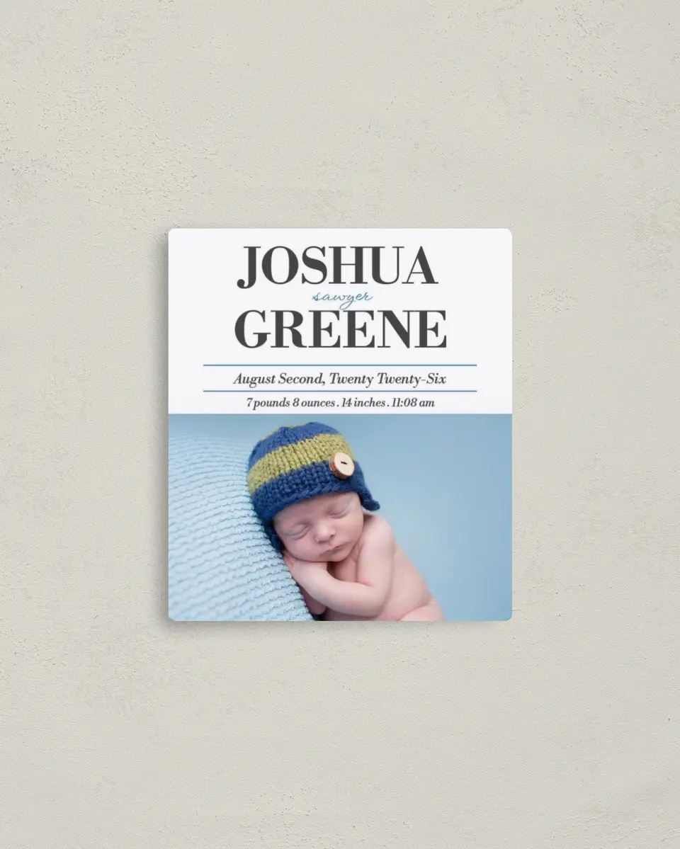 This is a 3½" x 4" Birth Announcement Magnet called Starry Introduction printed in full color with a Luxe Satin finish