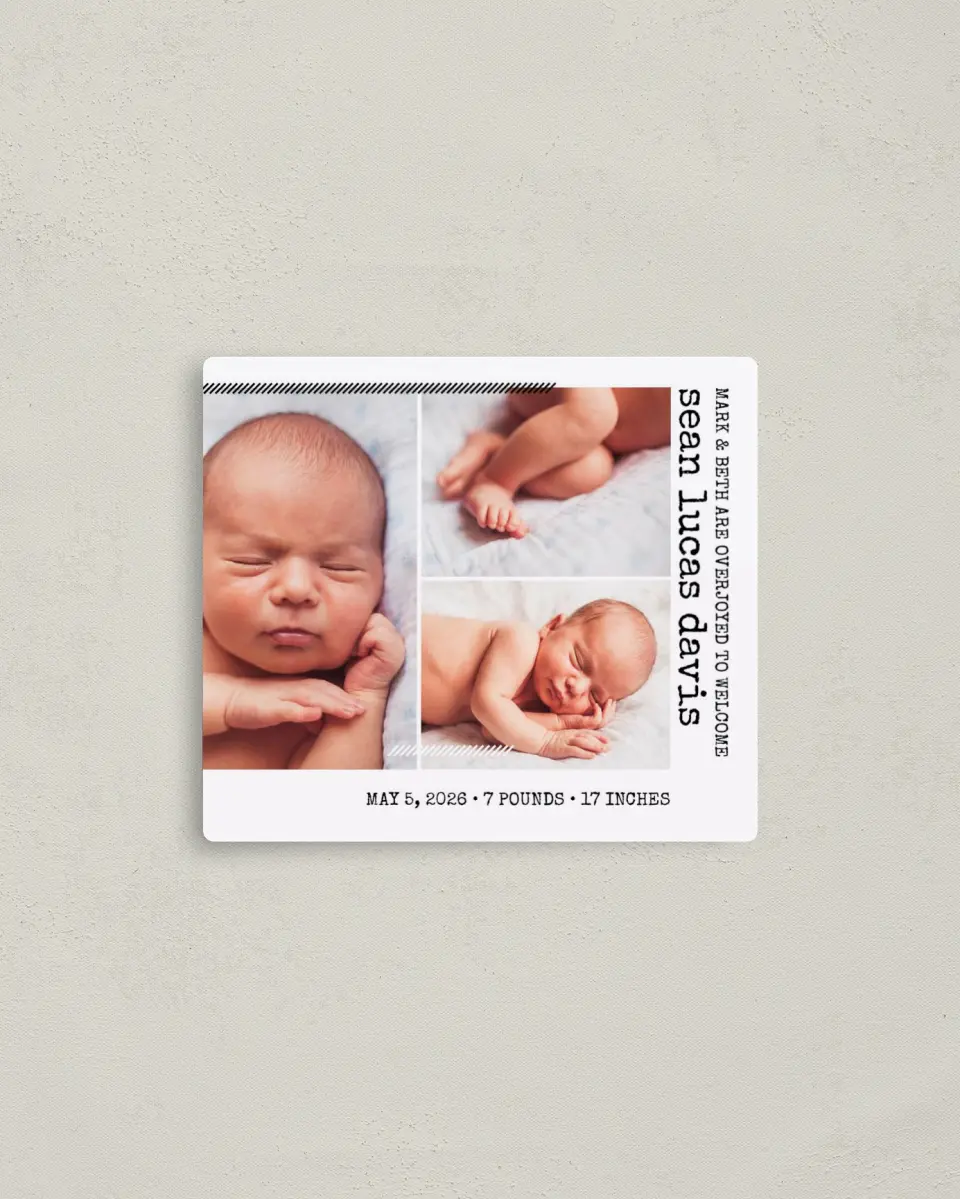 This is a 3½" x 4" Birth Announcement Magnet called Whimsy Welcome printed in full color with a Luxe Satin finish