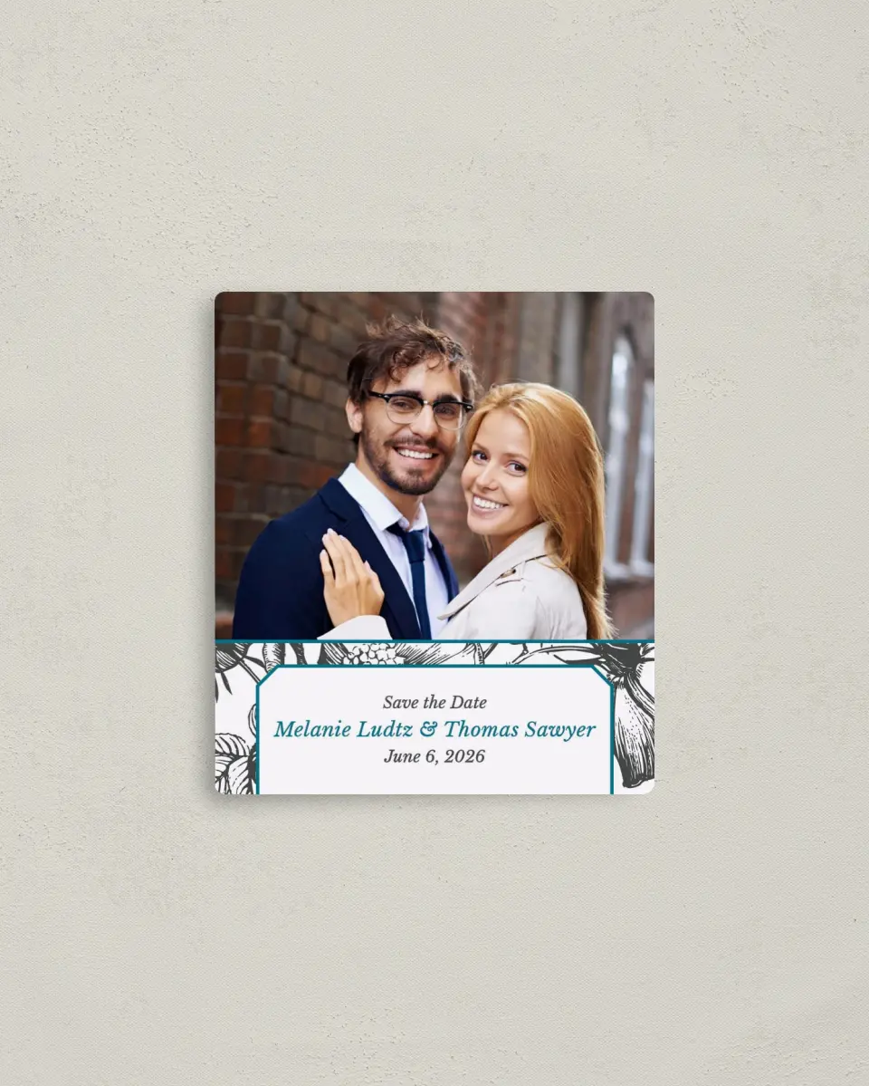 This is a 3½" x 4" Save the Date Magnet called Vintage Botanicals printed in full color with a Luxe Satin finish