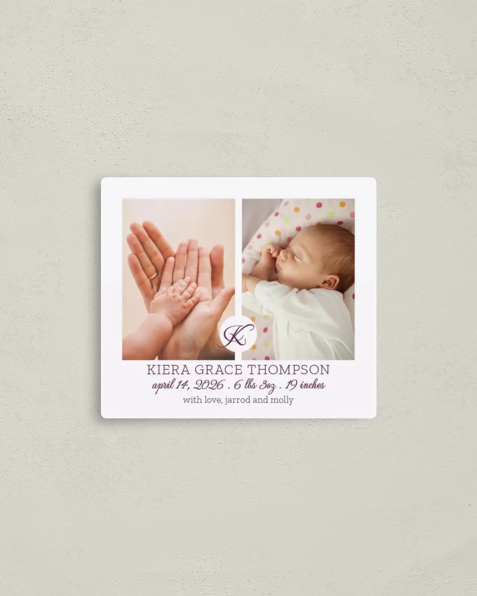 This is a 3½" x 4" Birth Announcement Magnet called Lovable Dots printed in full color with a Luxe Satin finish