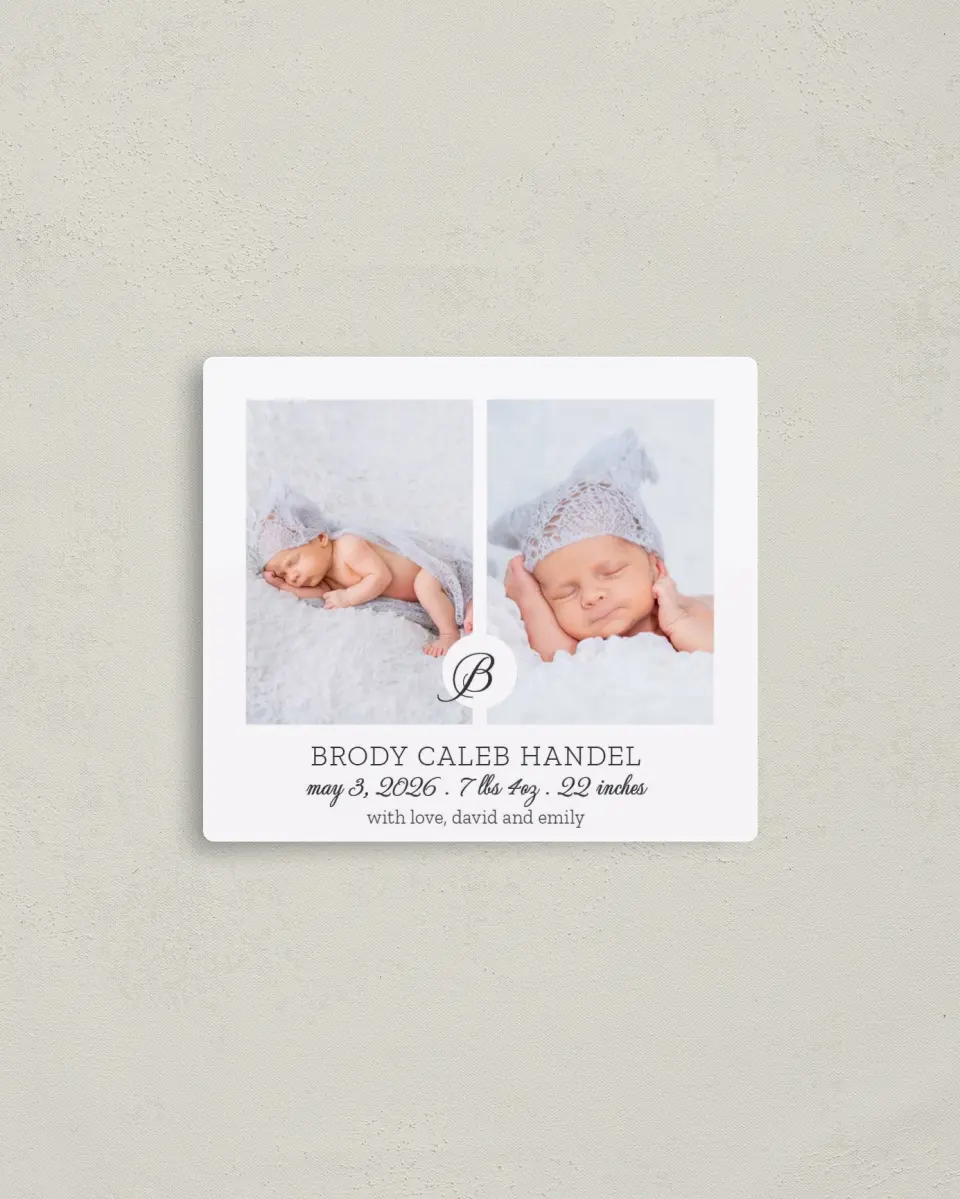 This is a 3½" x 4" Birth Announcement Magnet called Lovable Dots printed in full color with a Luxe Satin finish