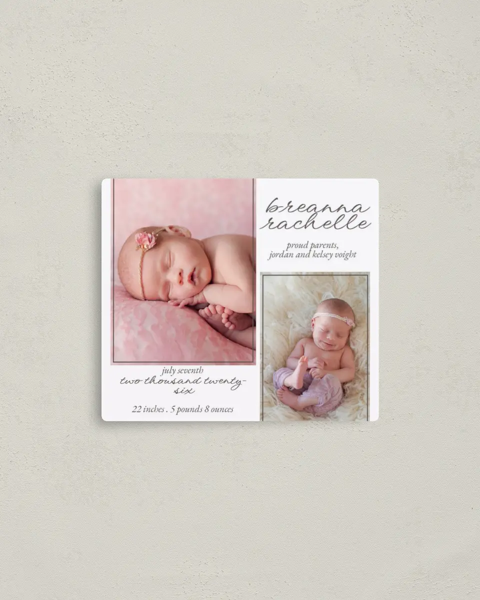 This is a 3½" x 4" Birth Announcement Magnet called Sweetly Sprinkled printed in full color with a Luxe Satin finish