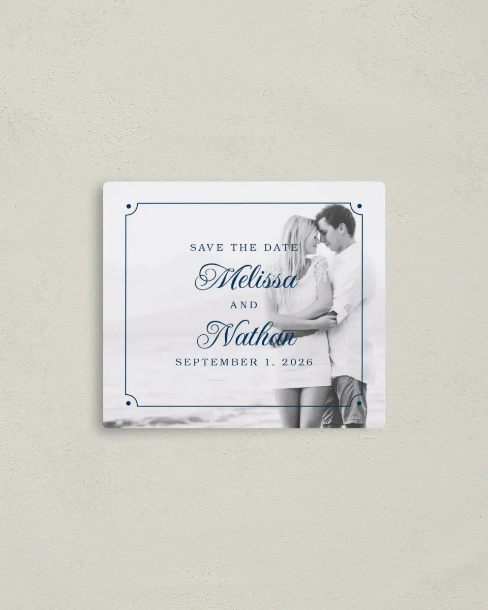 This is a 3½" x 4" Save the Date Magnet called Grand Soiree printed in full color with a Luxe Satin finish