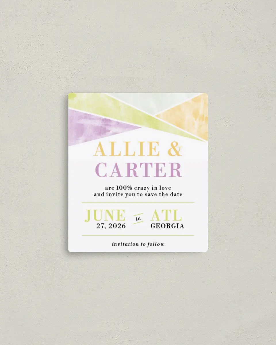 This is a 3½" x 4" Save the Date Magnet called Be Happy! printed in full color with a Luxe Satin finish