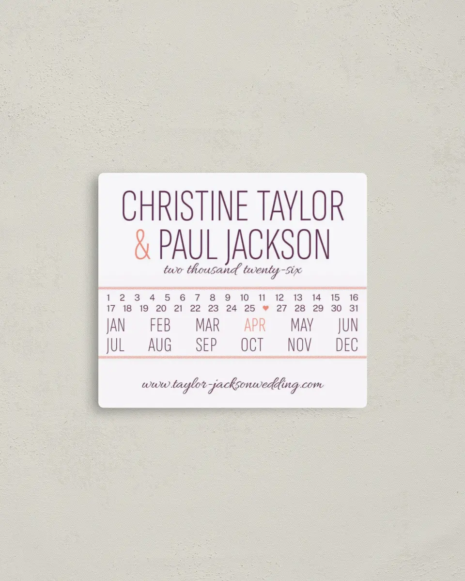This is a 3½" x 4" Save the Date Magnet called Stacked Charm printed in full color with a Luxe Satin finish