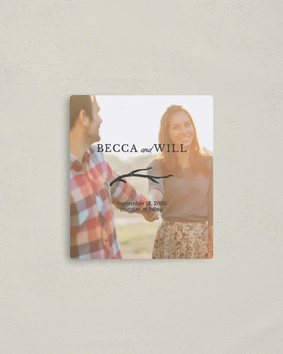 This is a 3½" x 4" Save the Date Magnet called Rustic Boughs printed in full color with a Luxe Satin finish
