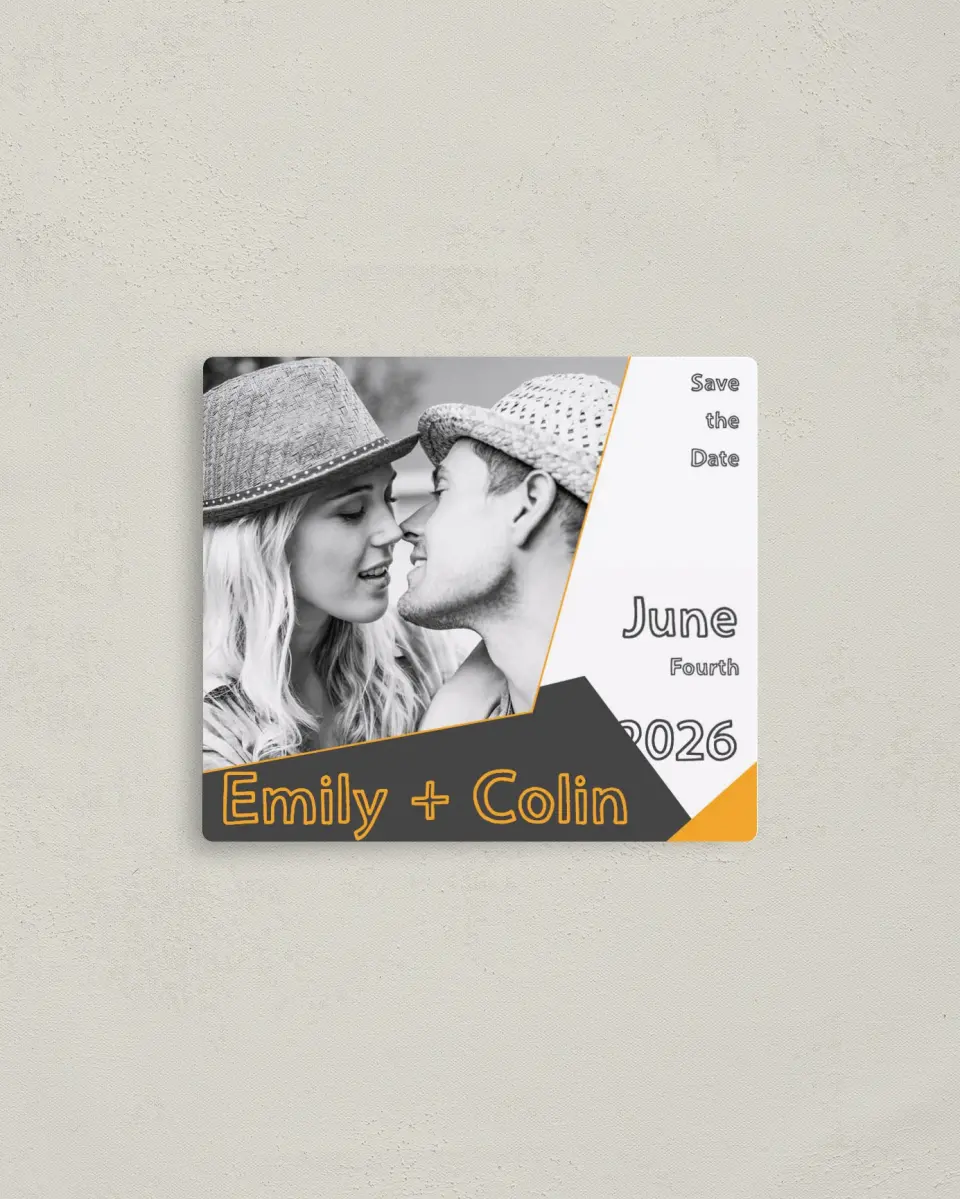 This is a 3½" x 4" Save the Date Magnet called So Sharp! printed in full color with a Luxe Satin finish