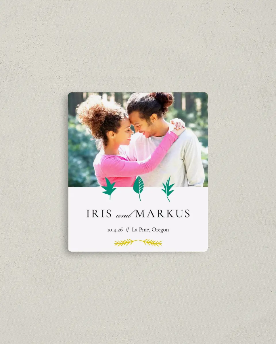 This is a 3½" x 4" Save the Date Magnet called Sweet Leaves printed in full color with a Luxe Satin finish