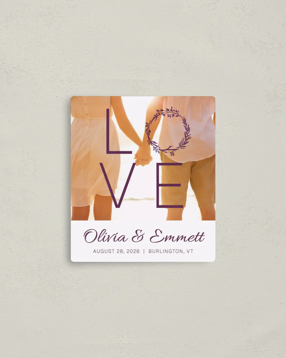 This is a 3½" x 4" Save the Date Magnet called Charming Love Story printed in full color with a Luxe Satin finish