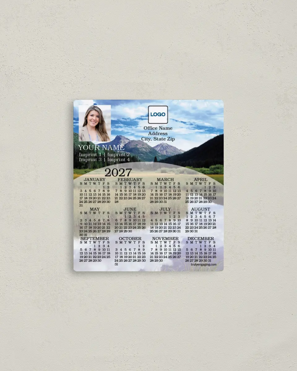 This is a 3½" x 4" Full Magnet Calendar called Pristine Valley printed in full color with a Standard Gloss finish