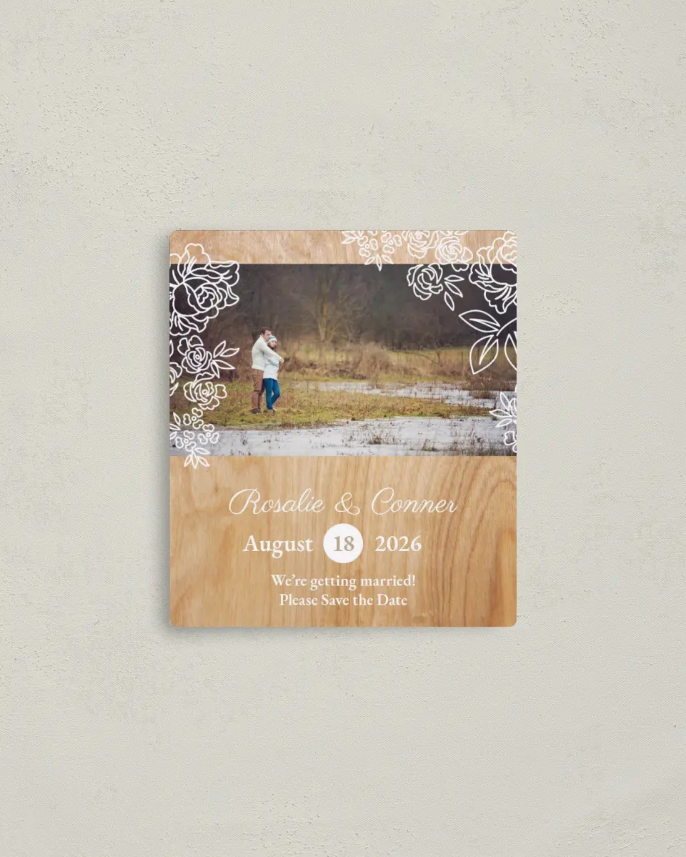 This is a 3½" x 4" Save the Date Magnet called Rustic Woodgrain printed in full color with a Luxe Satin finish