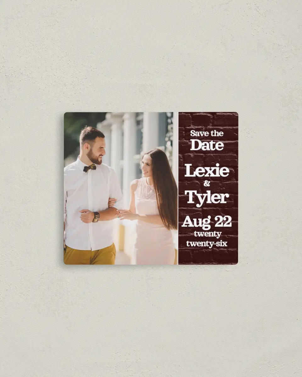 This is a 3½" x 4" Save the Date Magnet called Brick Yard printed in full color with a Luxe Satin finish